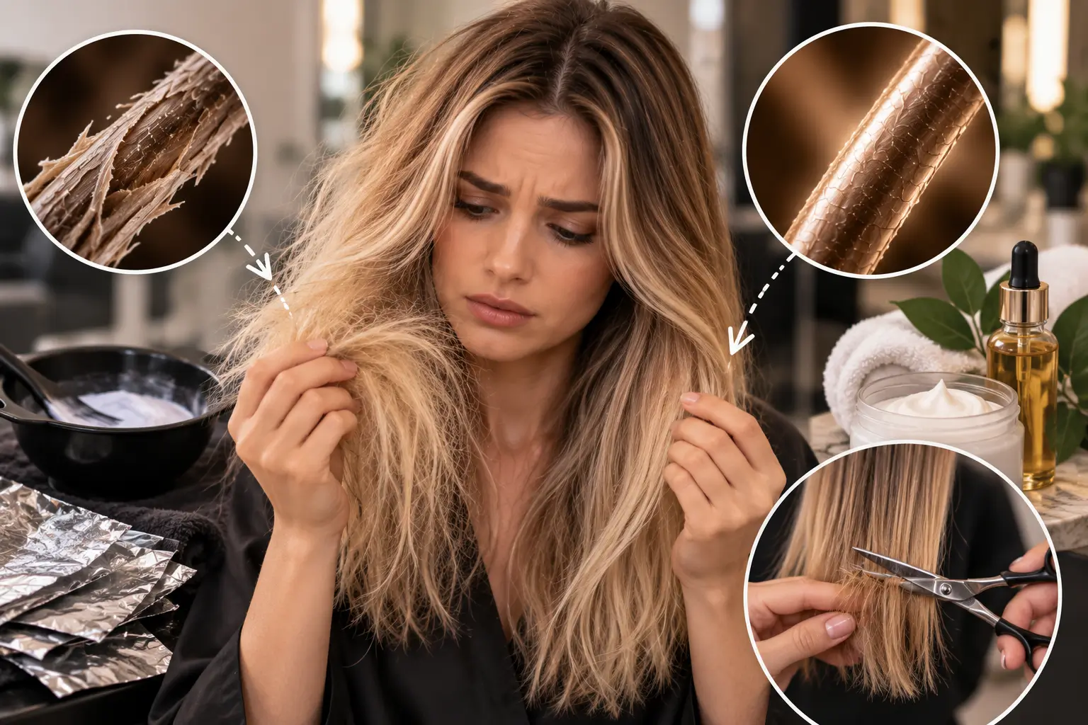 Bleach damaged hair receiving a professional repair treatment